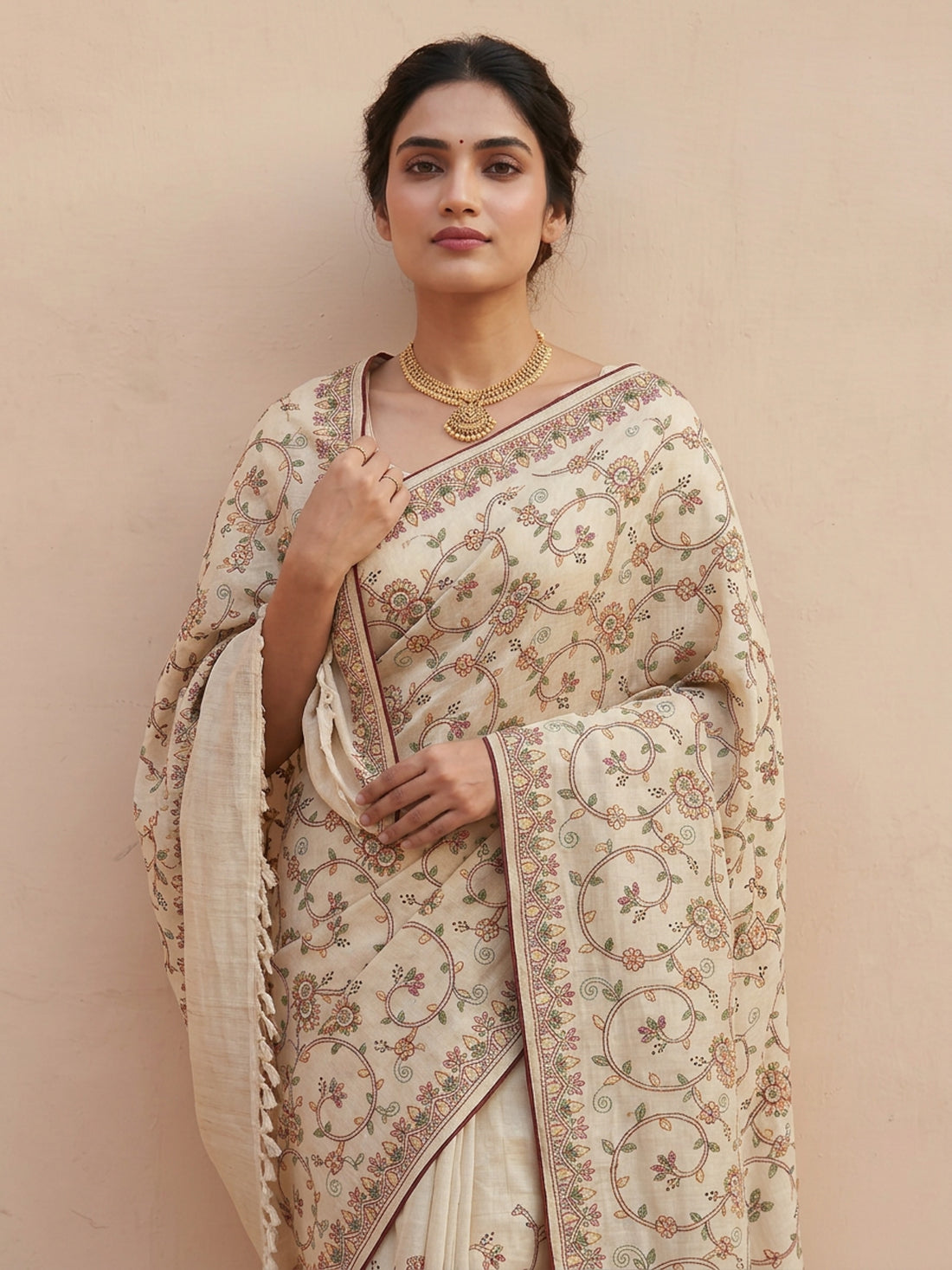Saantha Signature|Cream Semi Silk Embroidery Saree