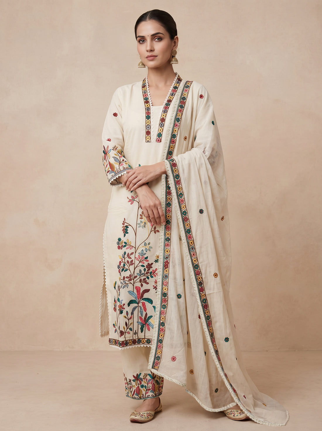 Saantha Signature|Cream Cotton Embroidery Kurta Set