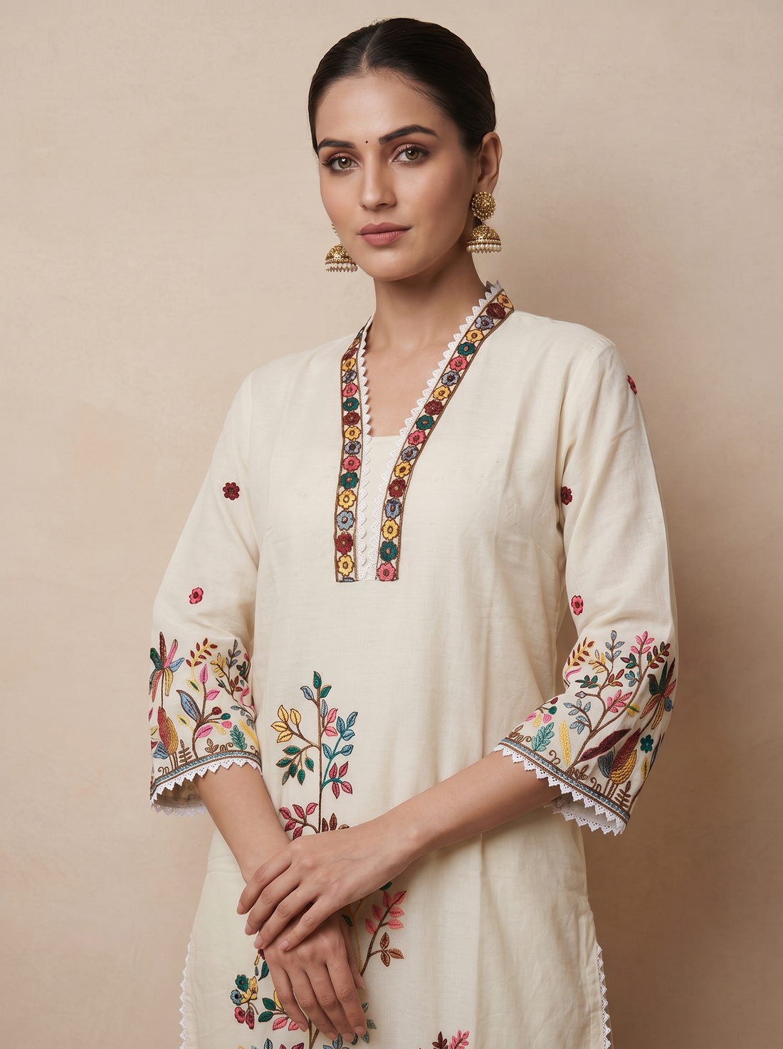 Saantha Signature|Cream Cotton Embroidery Kurta Set