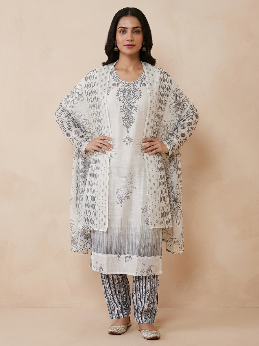 Saantha Signature|White Black Linen Embroidery Kurta Set
