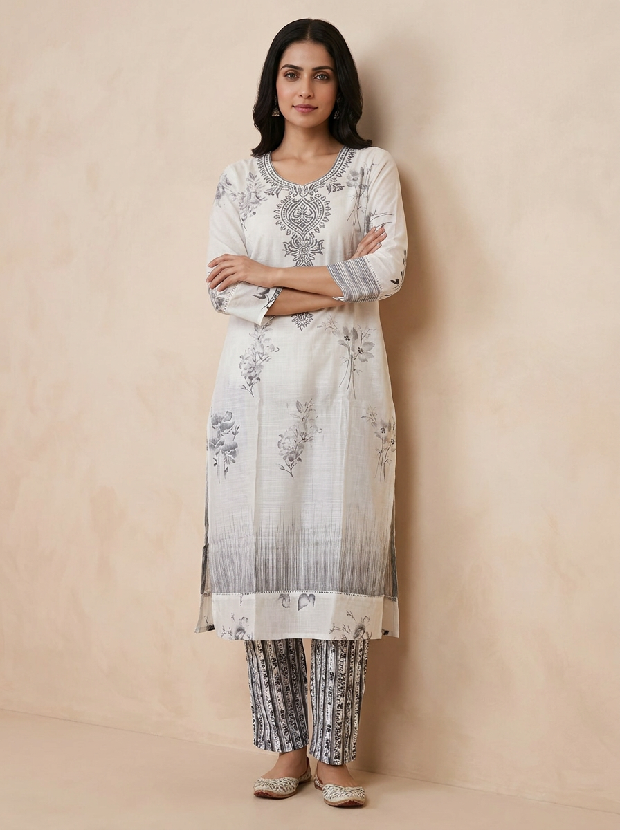 Saantha Signature|White Black Linen Embroidery Kurta Set