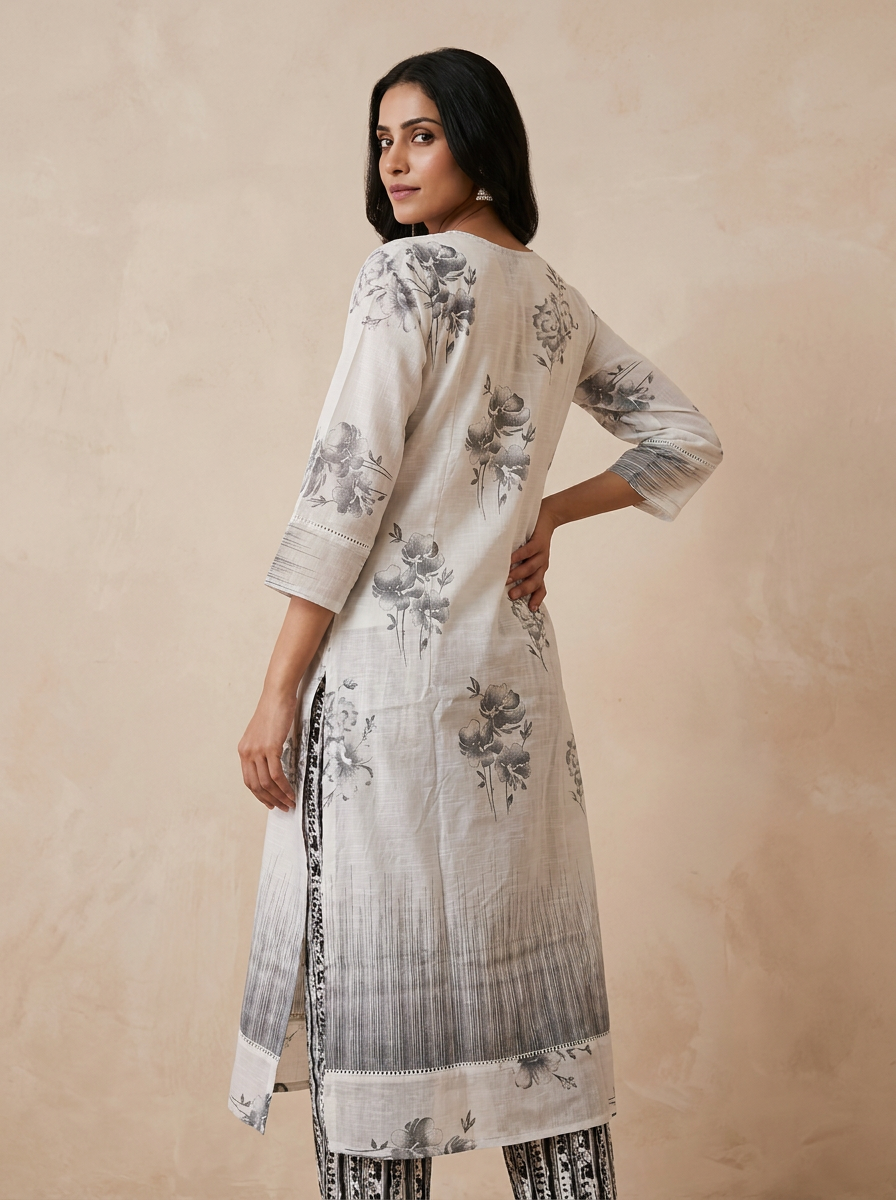 Saantha Signature|White Black Linen Embroidery Kurta Set