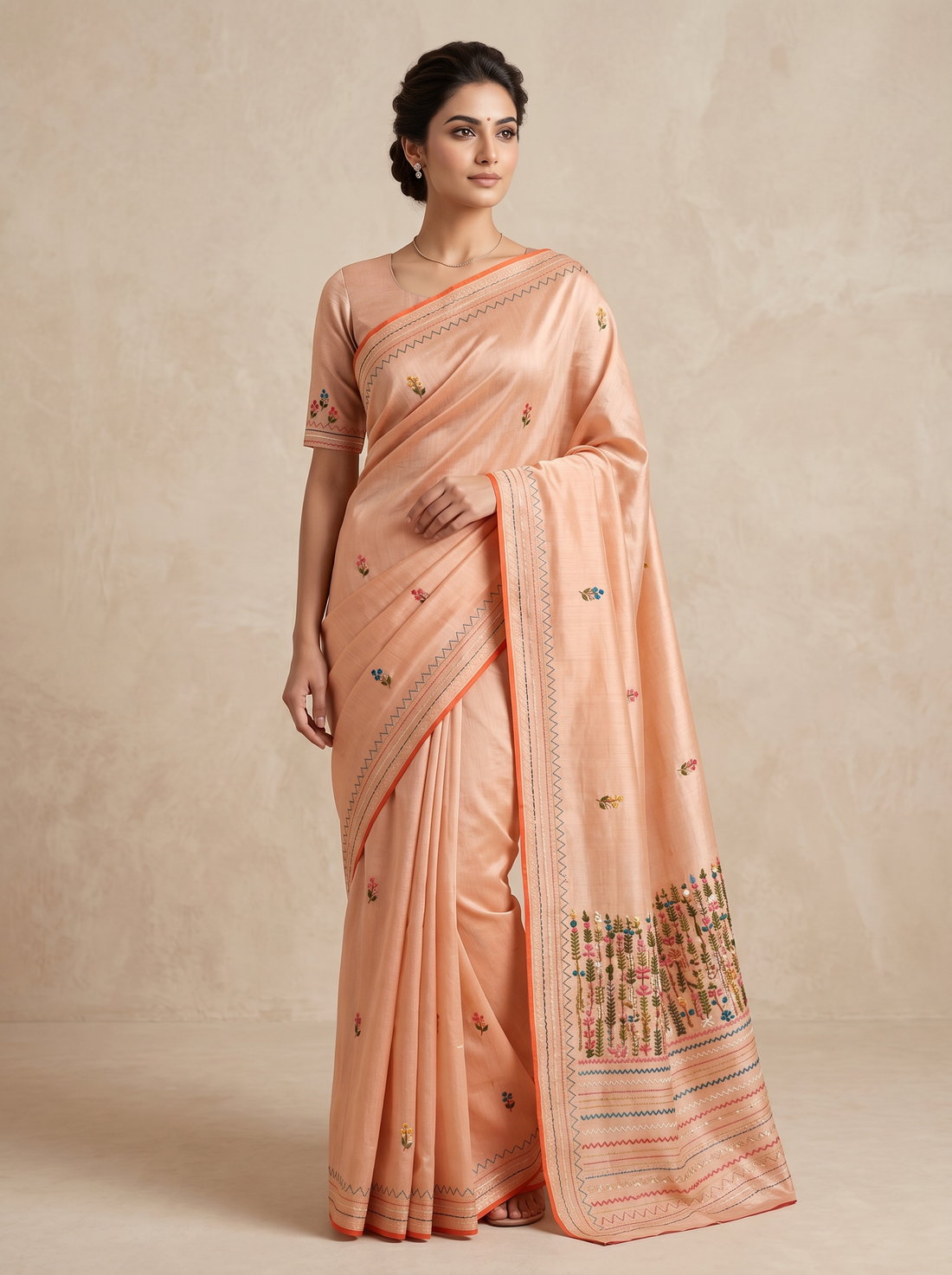 Saantha Signature|Light Orange Semi Tassar Hand Embroidery Saree