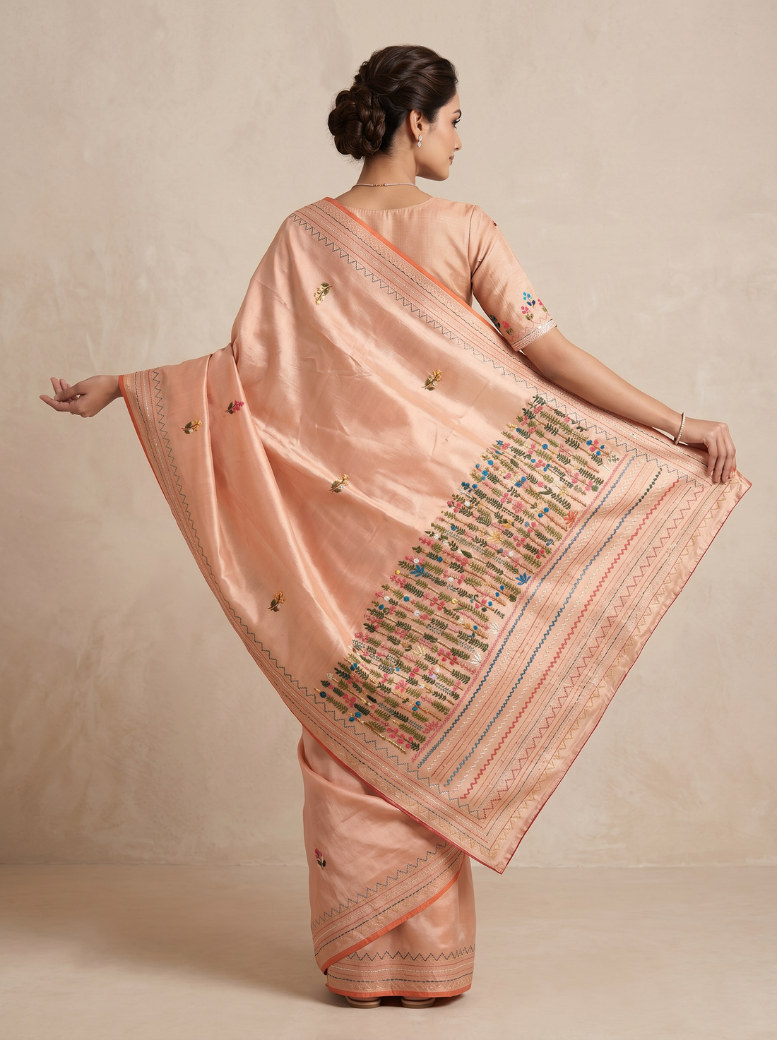 Peach Semi Tussar Hand Embroidery Saree