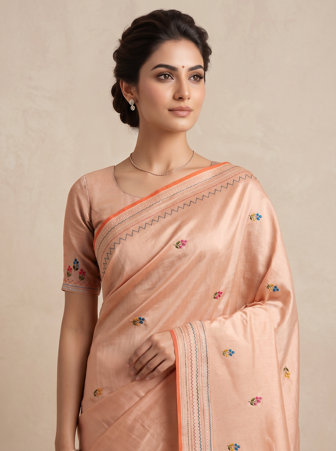 Peach Semi Tussar Hand Embroidery Saree
