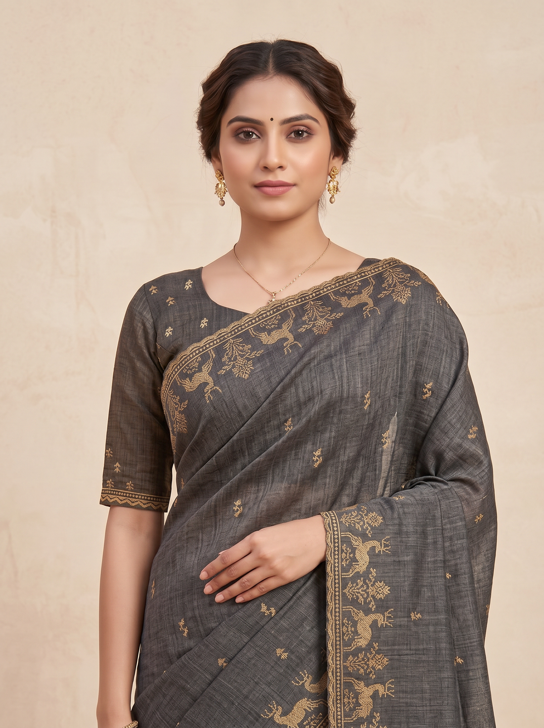 Saantha Signature|Dark Grey Cotton Silk Print Saree