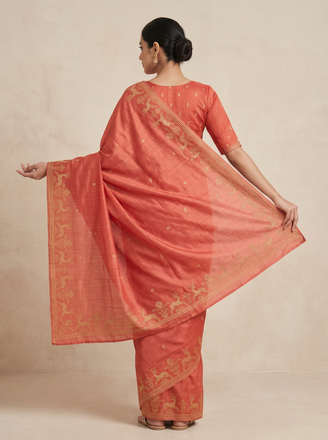Saantha Signature|Deep Orange Cotton Silk Print Saree