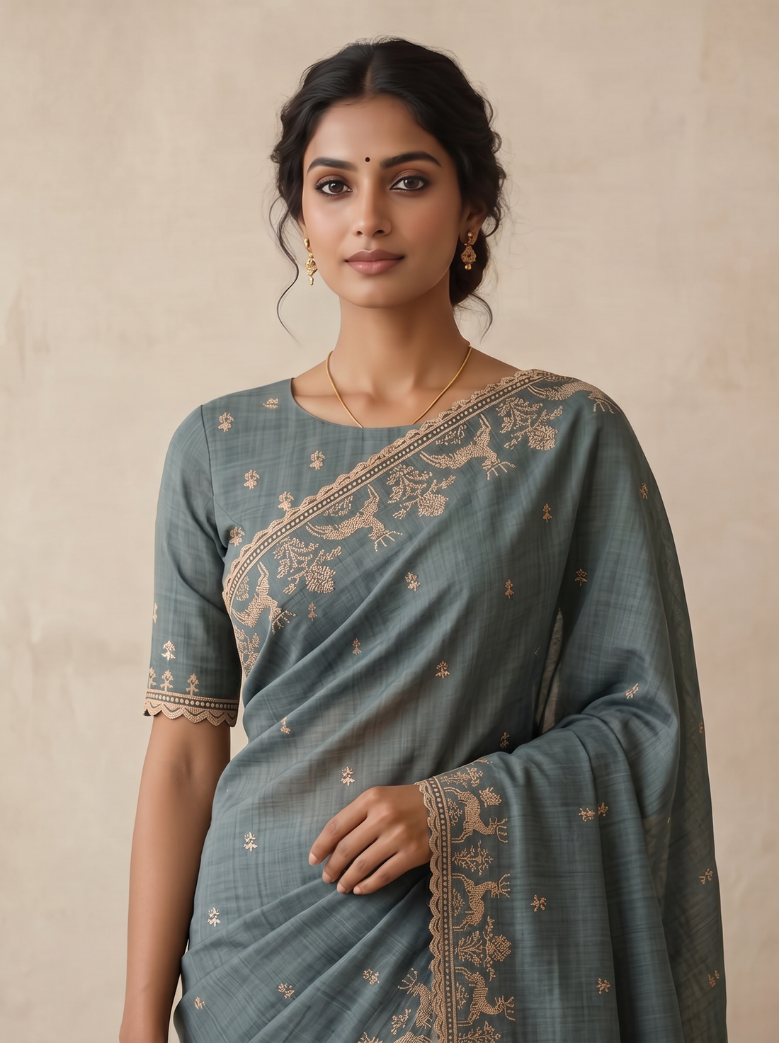 Saantha Signature|Grey Cotton Silk Print Saree