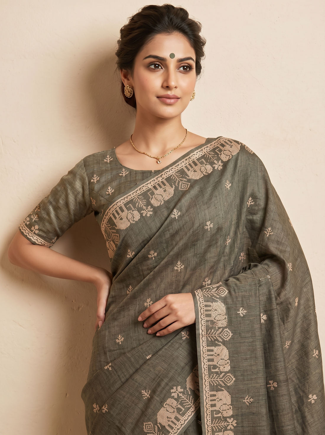 Saantha Signature|Mehendi Cotton Silk Print Saree