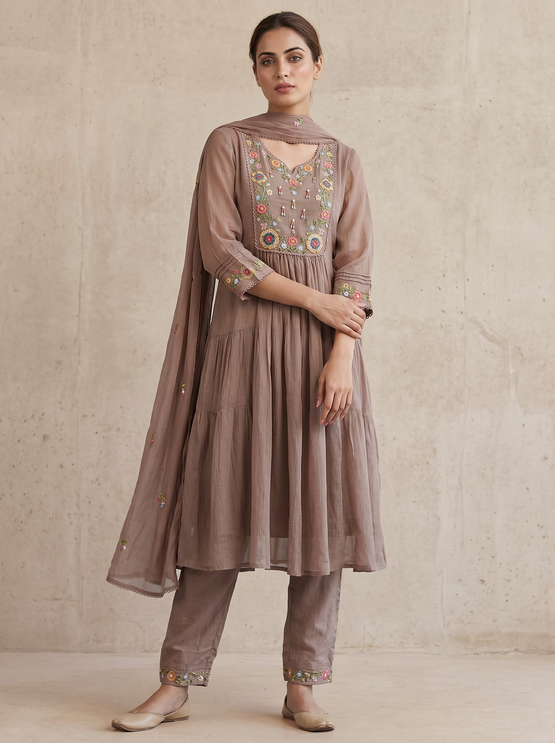 Saantha Signature|Brown Cotton Silk Embroidery Kurta Set