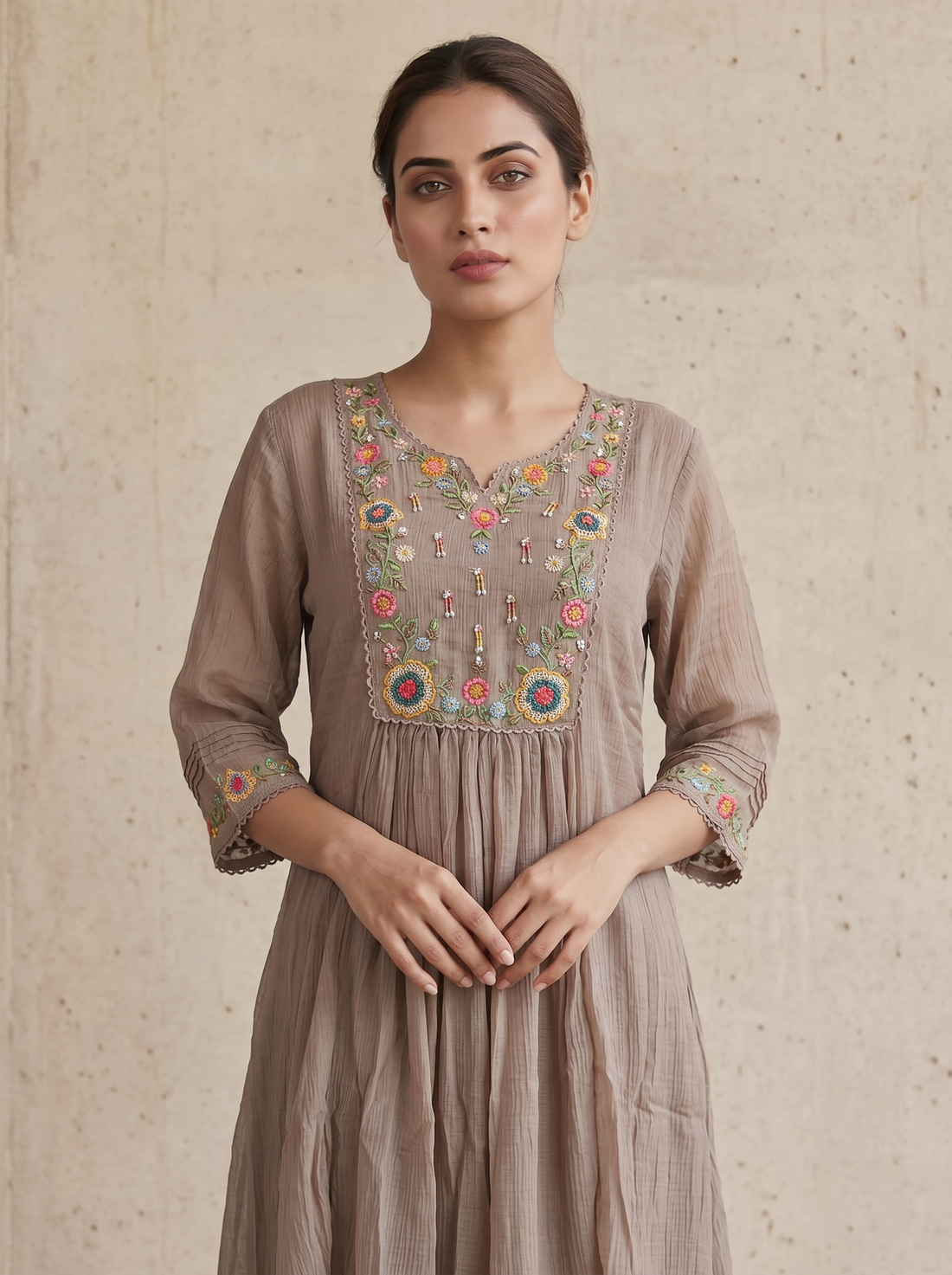 Saantha Signature|Brown Cotton Silk Embroidery Kurta Set