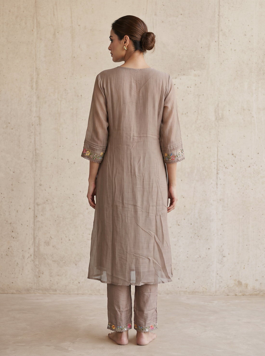 Saantha Signature|Brown Cotton Silk Embroidery Kurta Set