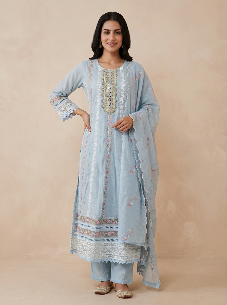Saantha Signature|Sky Blue Cotton Embroidery Kurta Set