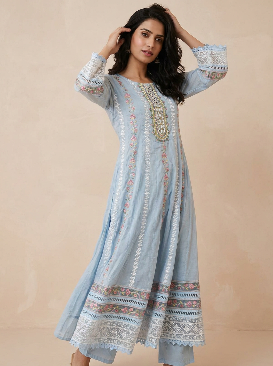 Saantha Signature|Sky Blue Cotton Embroidery Kurta Set