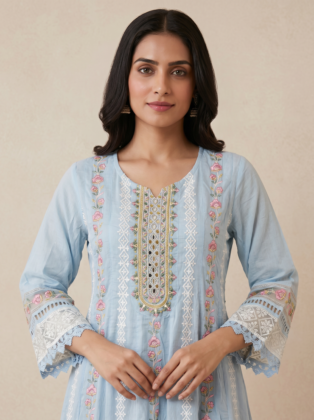 Saantha Signature|Sky Blue Cotton Embroidery Kurta Set