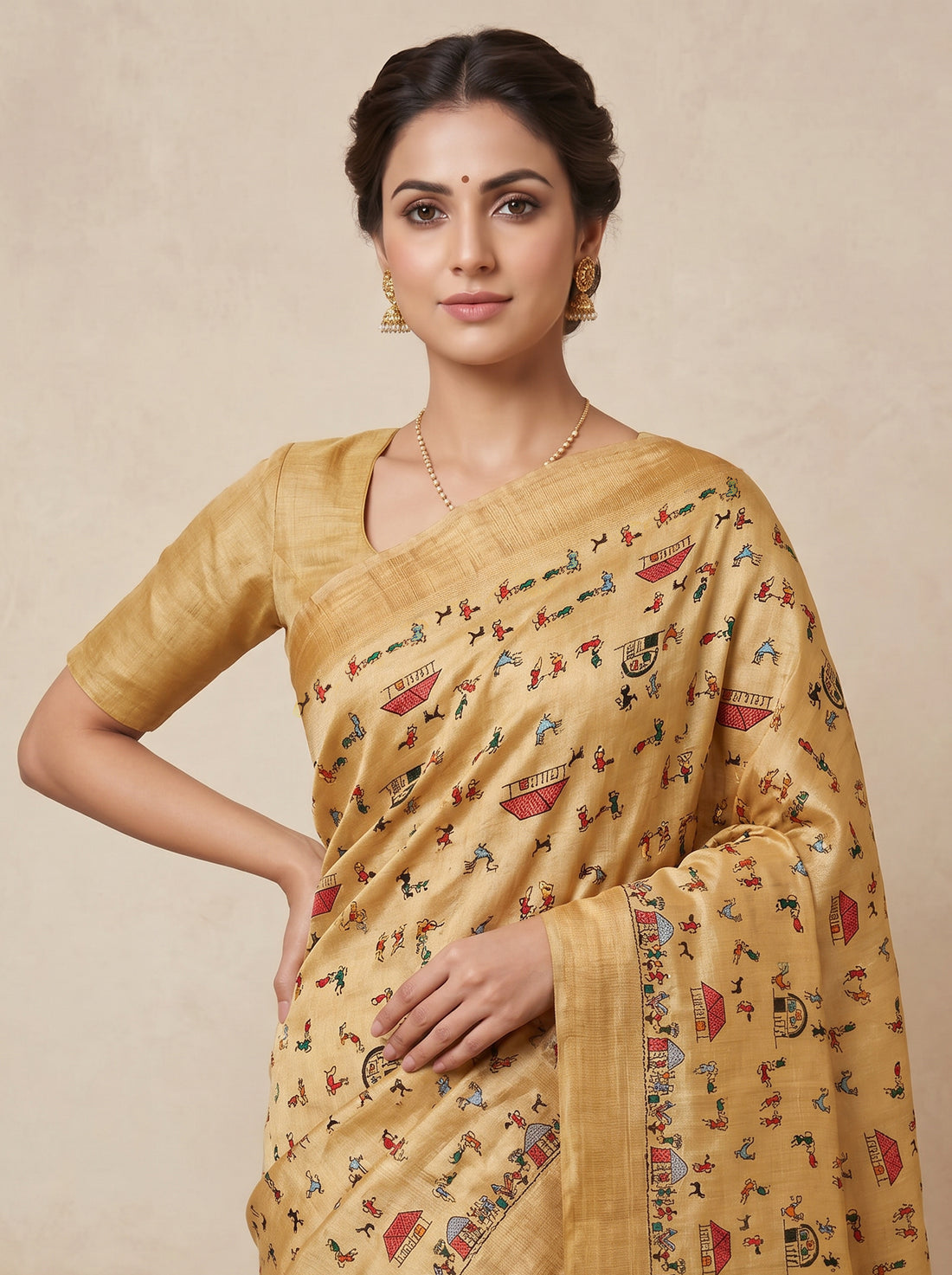 Light Yellow Tussar Silk Print Saree