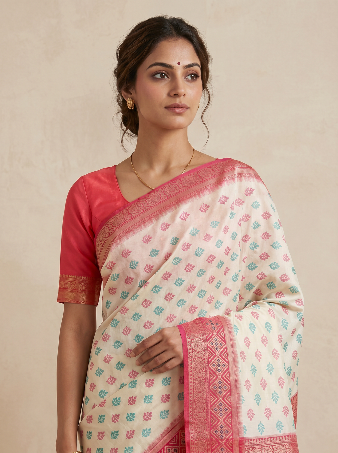 Saantha Signature|White Red Blended Silk Print Saree