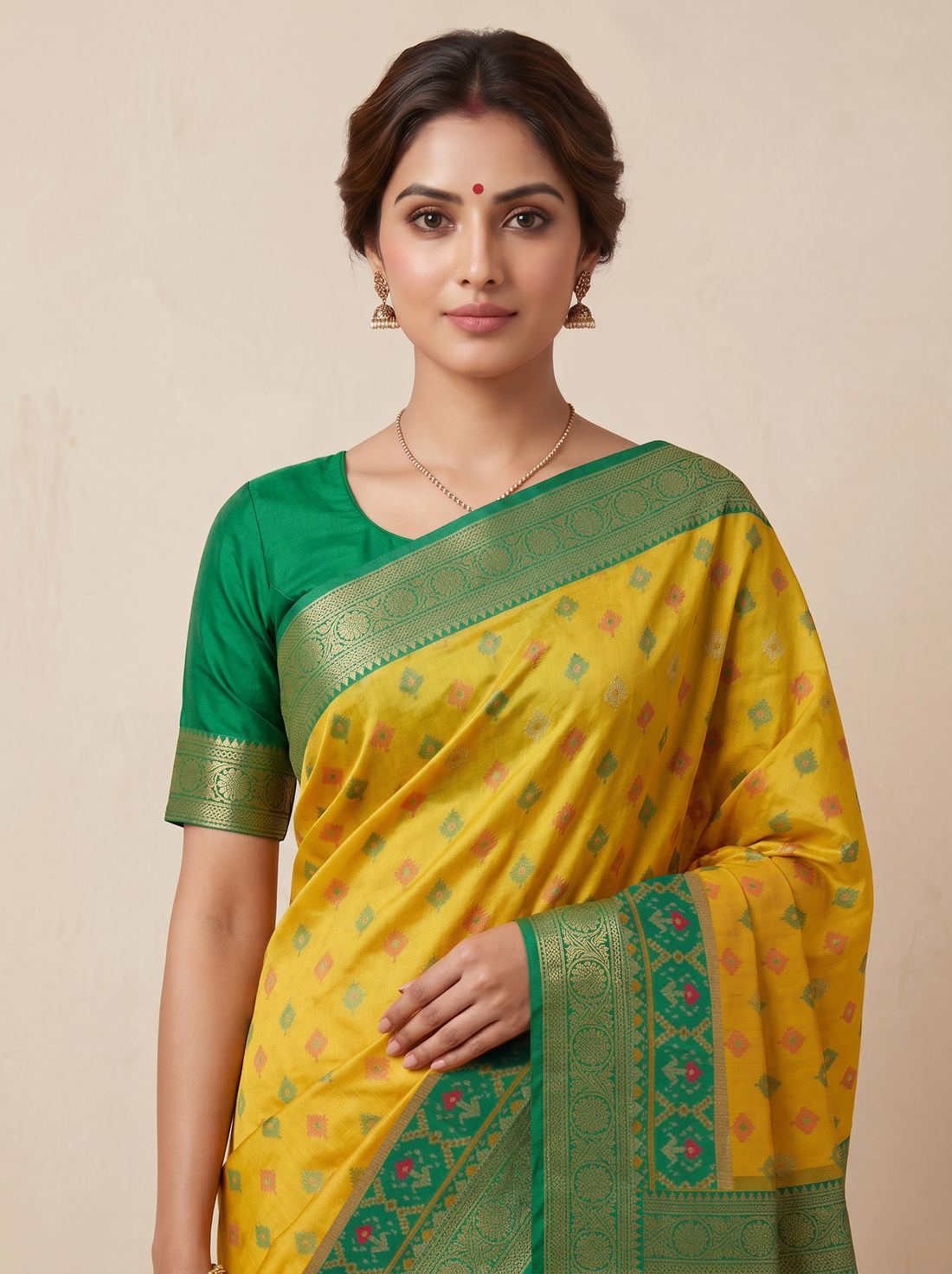 Saantha Signature|Yellow Green Blended Silk Print Saree