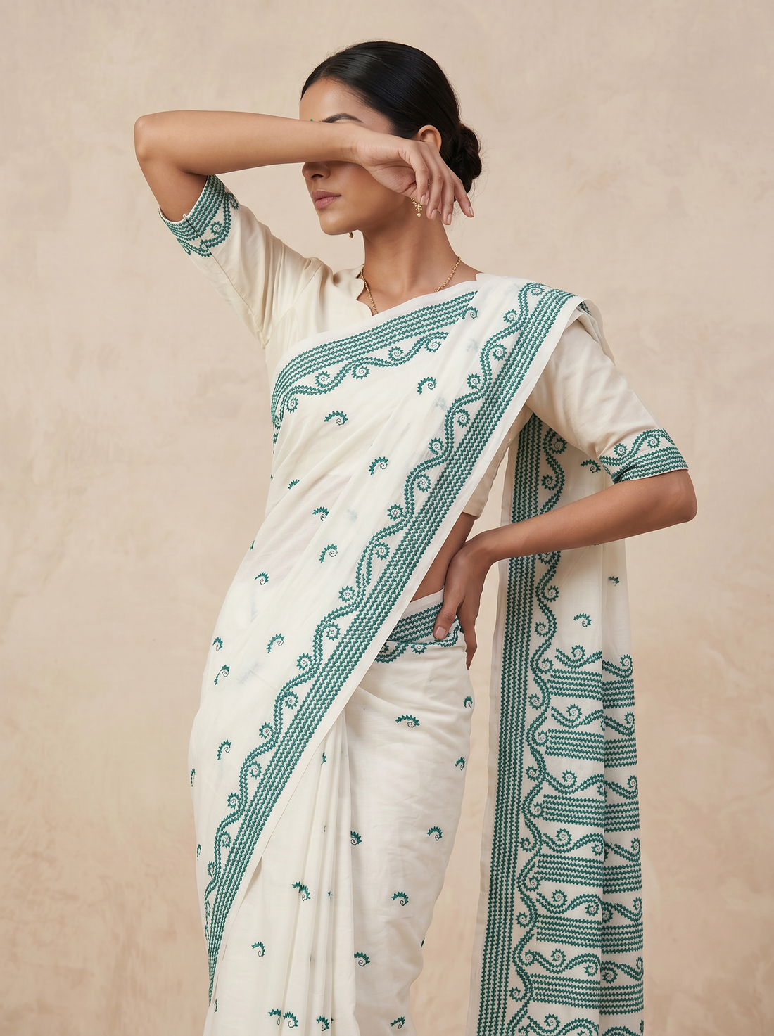 Saantha Signature|White Blue Blended Silk Hand Embroidery Saree
