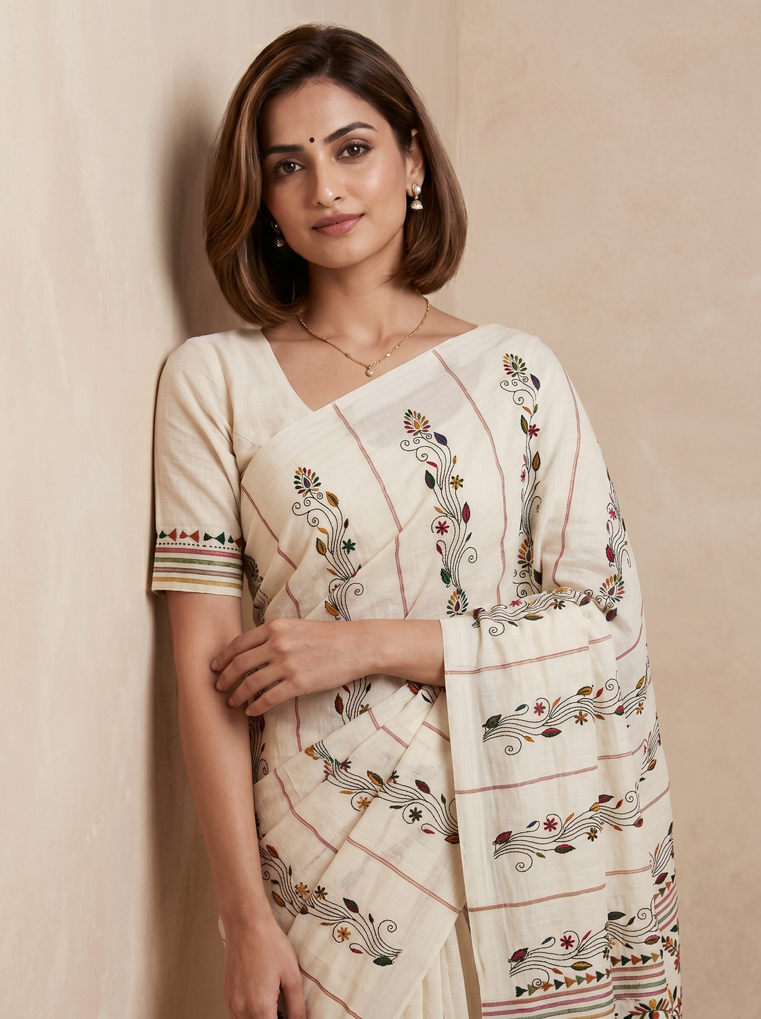 Saantha Signature|Cream Cotton Hand Embroidery Saree