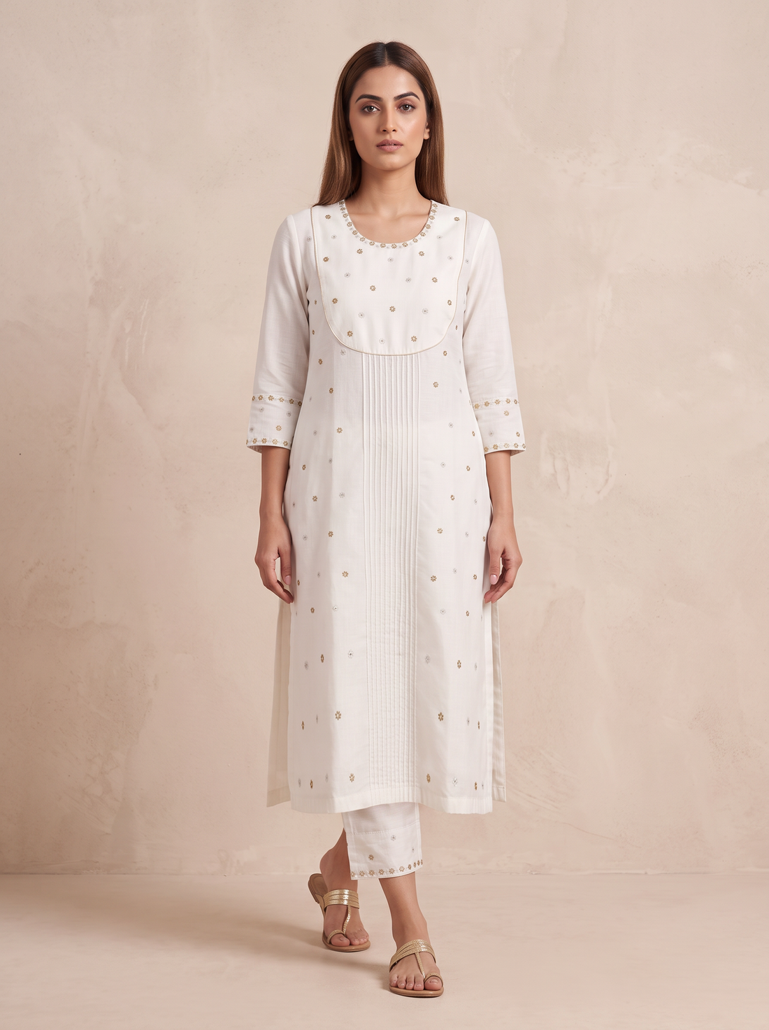 Saantha Signature|White Chanderi Embroidery Kurta Set