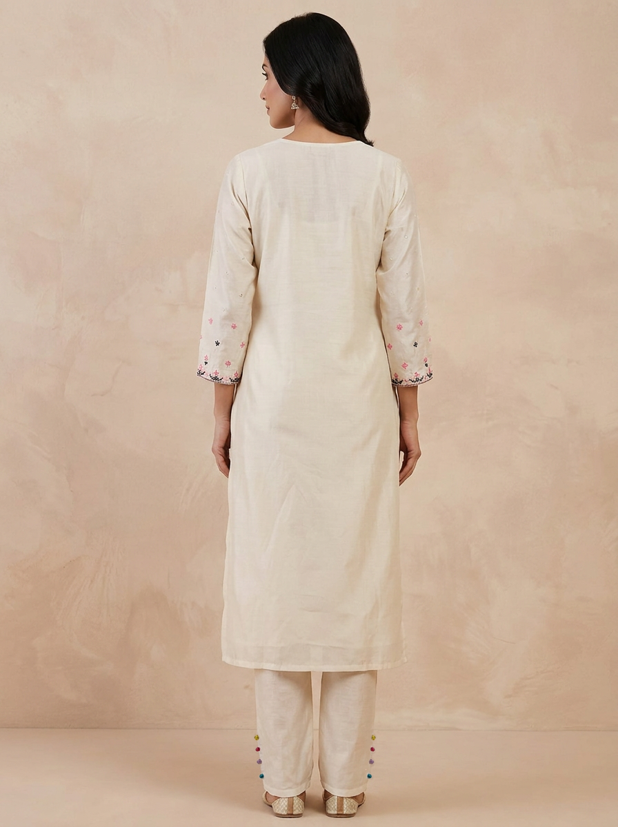Saantha Signature|Cream Silk Embroidery Kurta Set