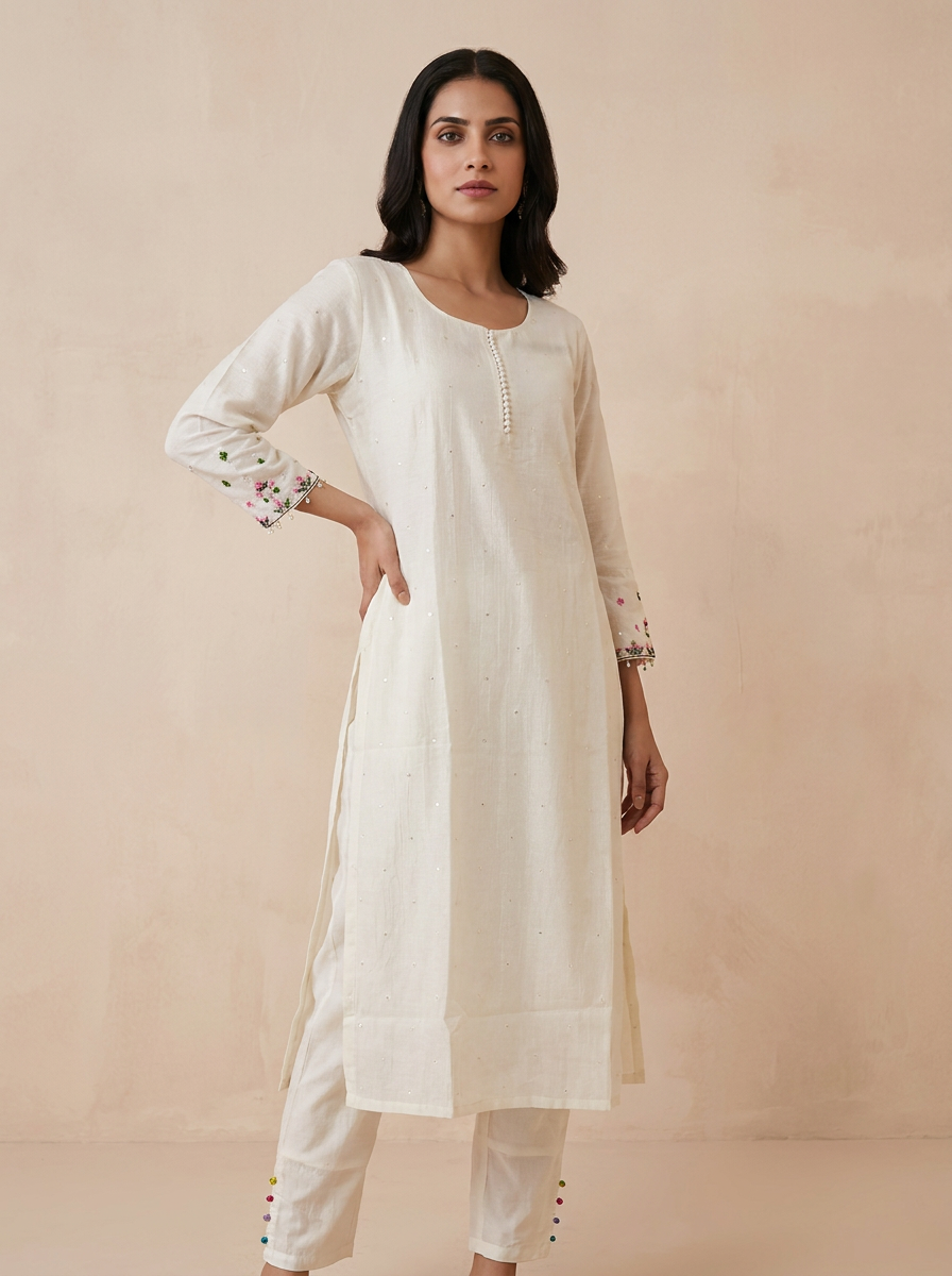 Saantha Signature|Cream Silk Embroidery Kurta Set