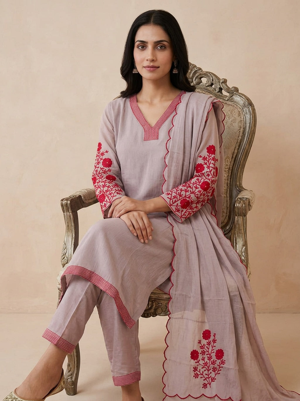 Saantha Signature|Badami Silk Embroidery Kurta Set