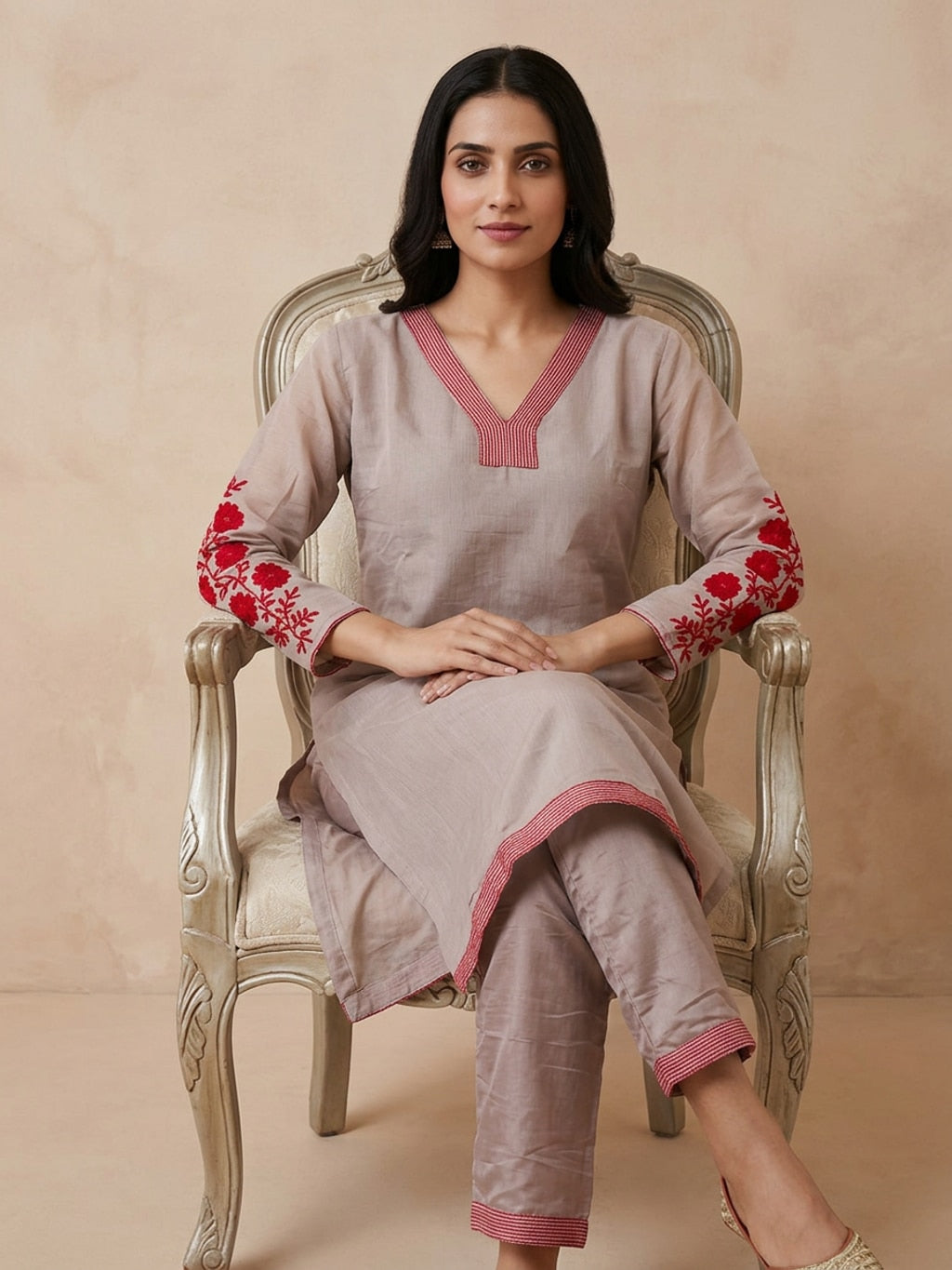 Saantha Signature|Badami Silk Embroidery Kurta Set