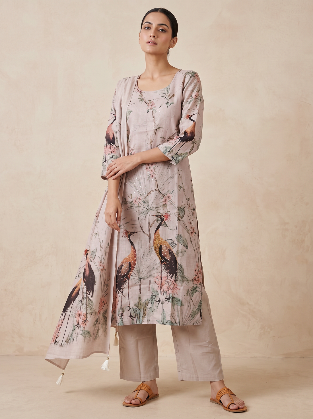 Saantha Signature|Cream Linen Embroidery Kurta Set