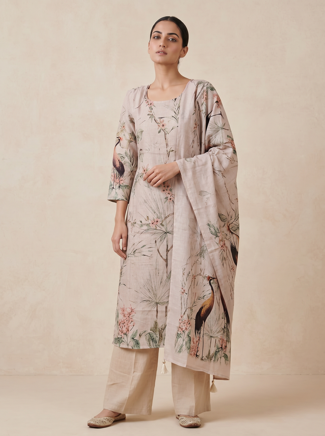 Saantha Signature|Cream Linen Embroidery Kurta Set