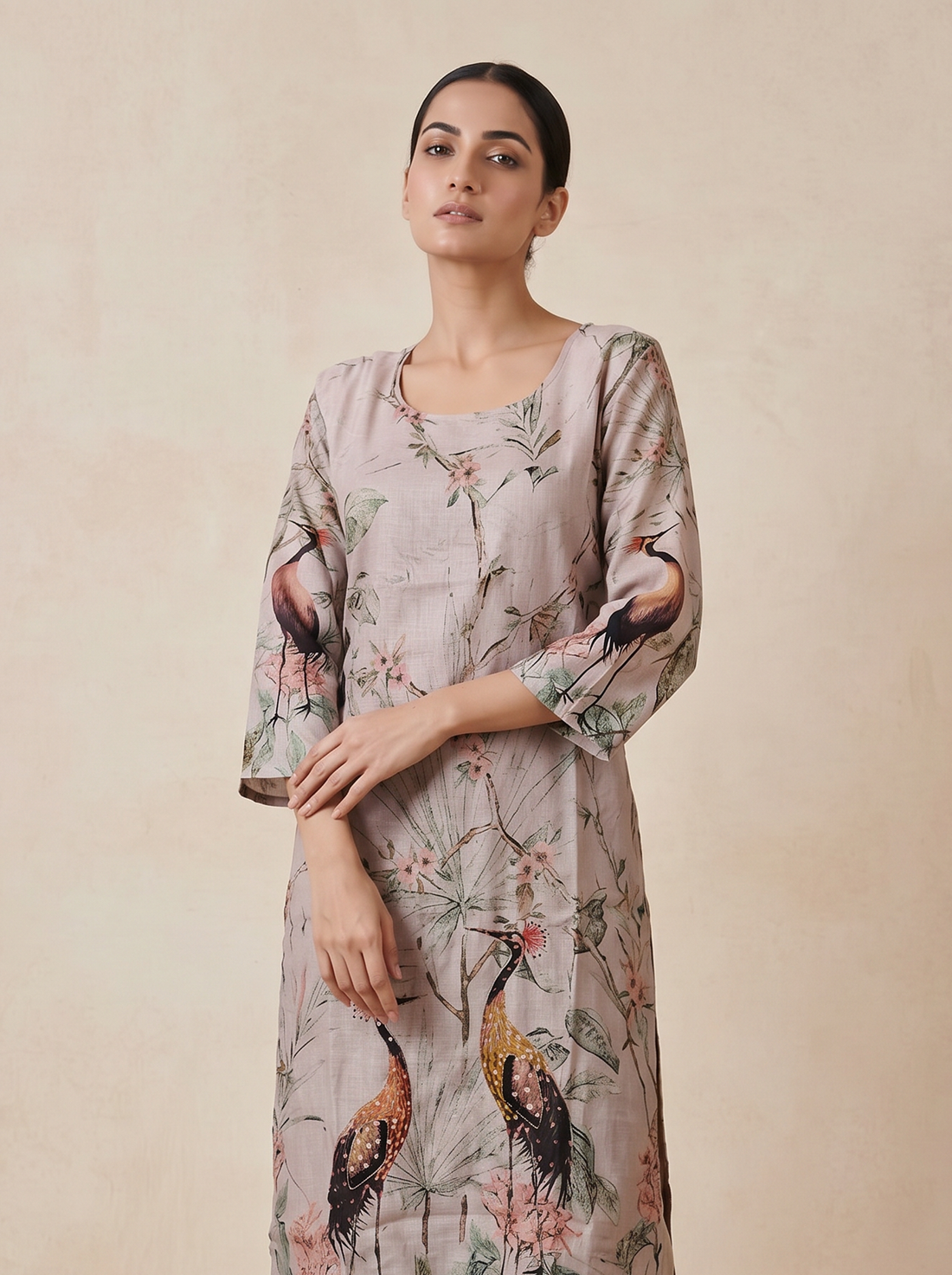 Saantha Signature|Cream Linen Embroidery Kurta Set