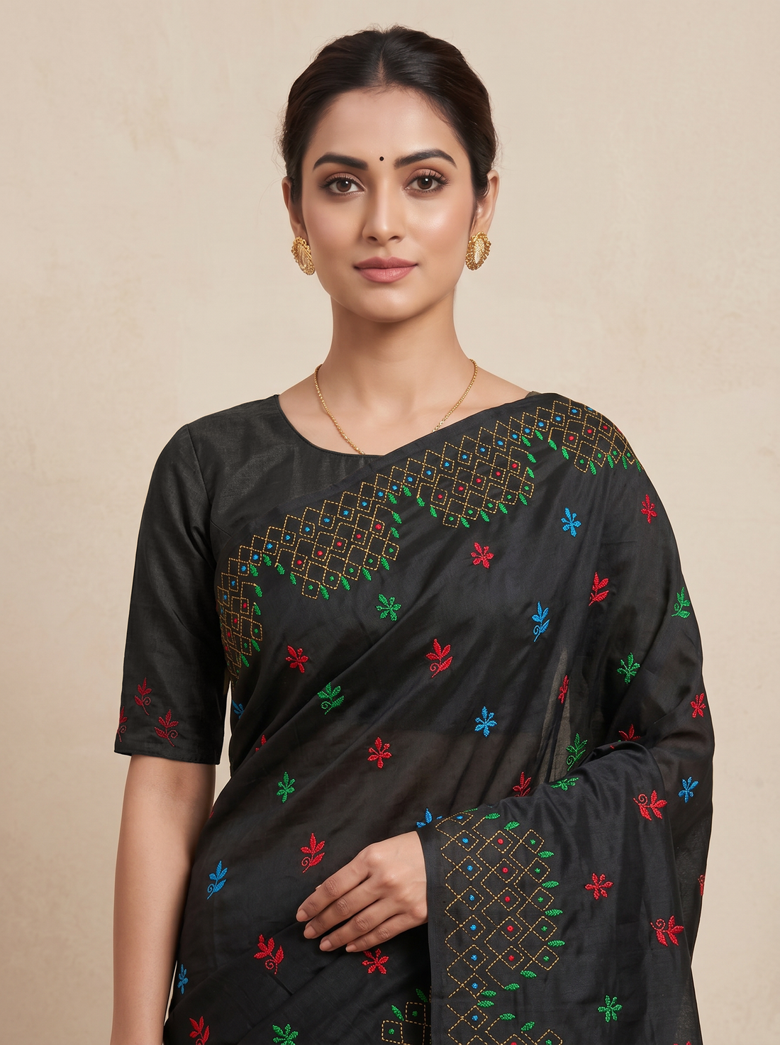 Saantha Signature|Black Cotton Silk Hand Embroidery Saree