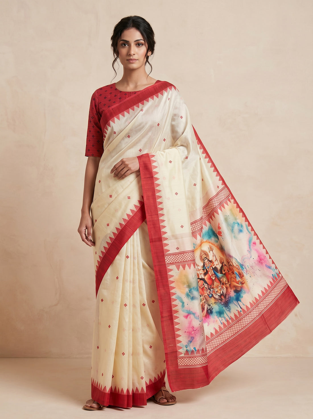 White Cotton Silk Blockprint Saree