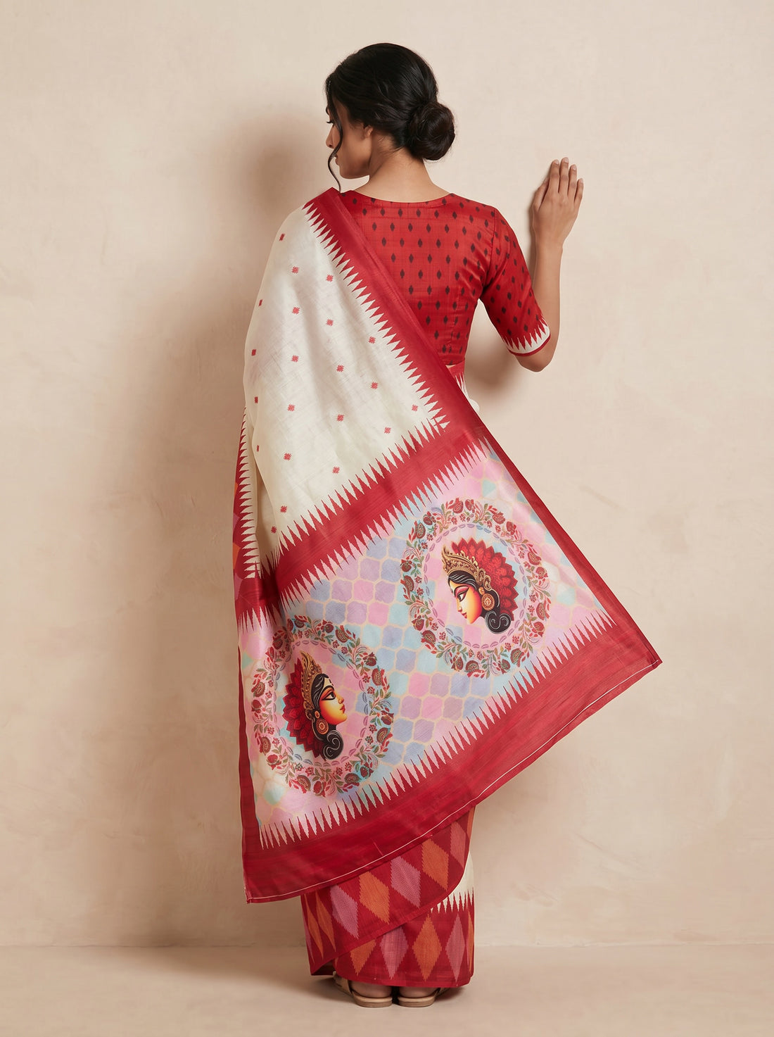 Cream Red Cotton Silk Blockprint Saree