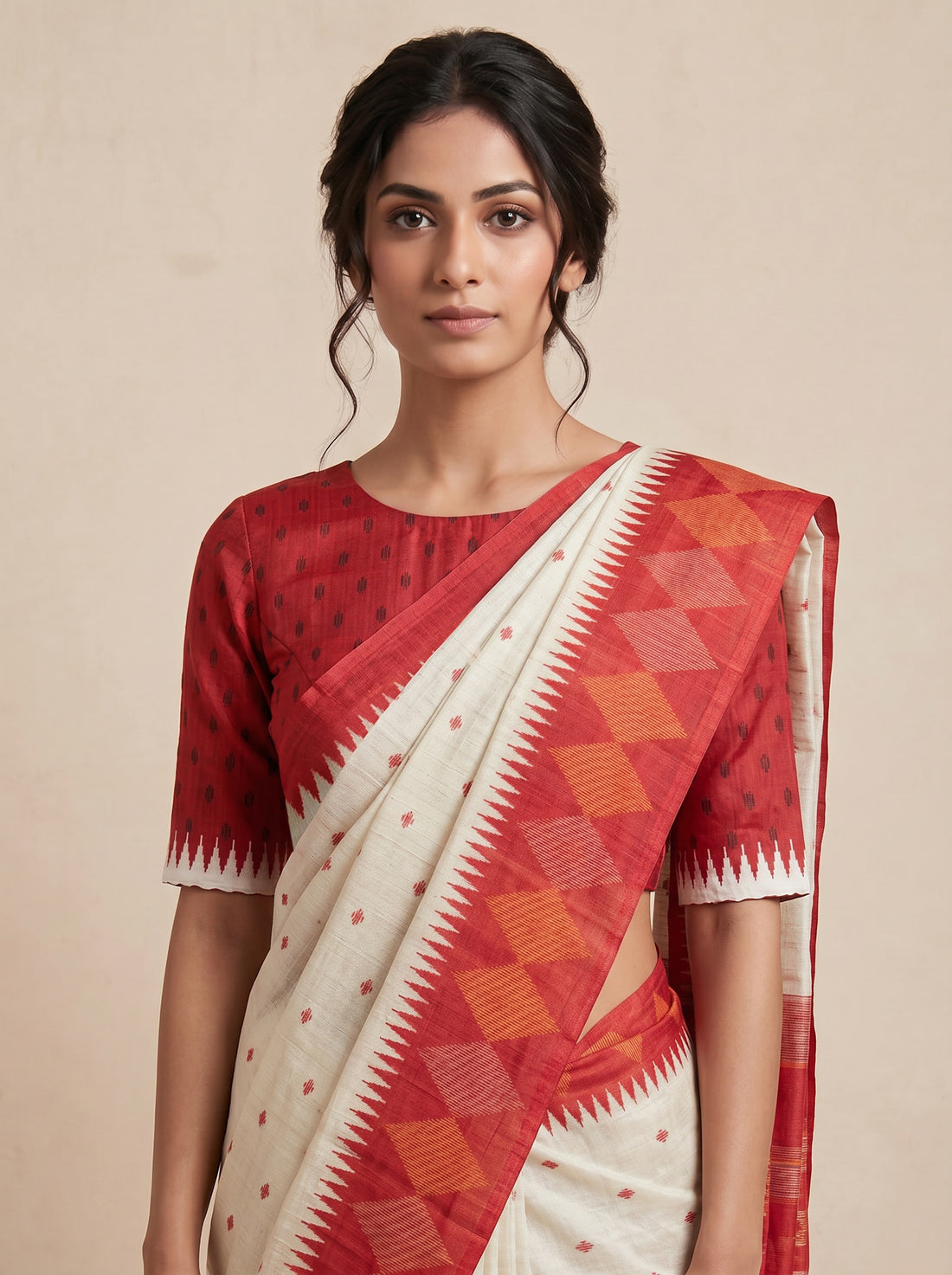 Cream Red Cotton Silk Blockprint Saree