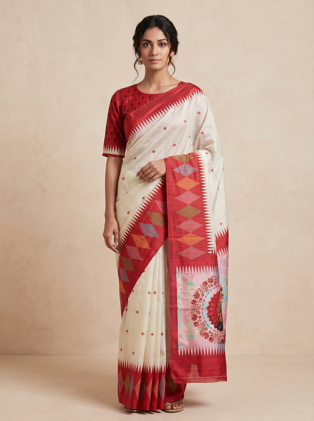 Cream Red Cotton Silk Blockprint Saree