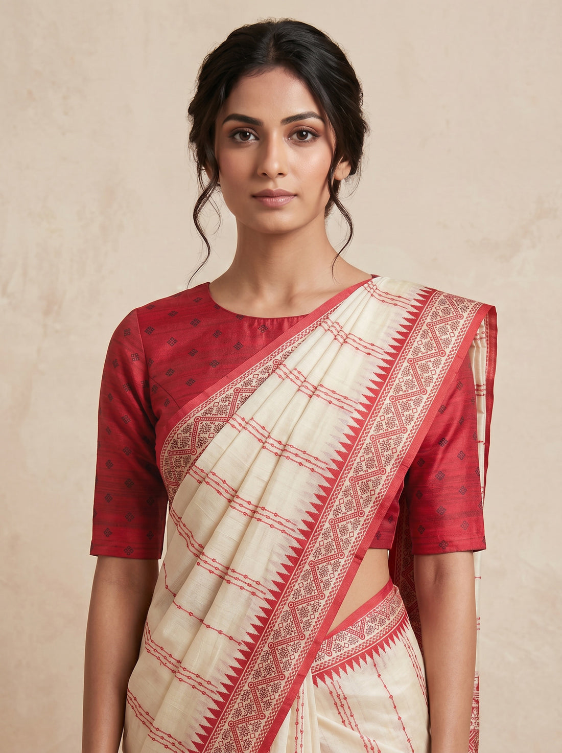 Cream Cotton Silk Blockprint Saree