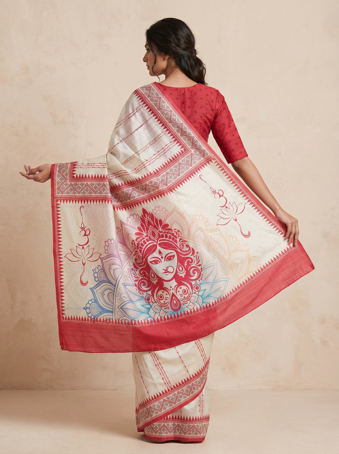 Cream Cotton Silk Blockprint Saree