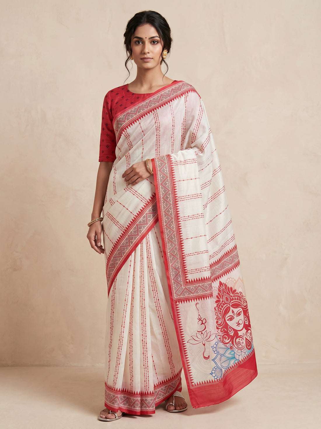 Cream Cotton Silk Blockprint Saree