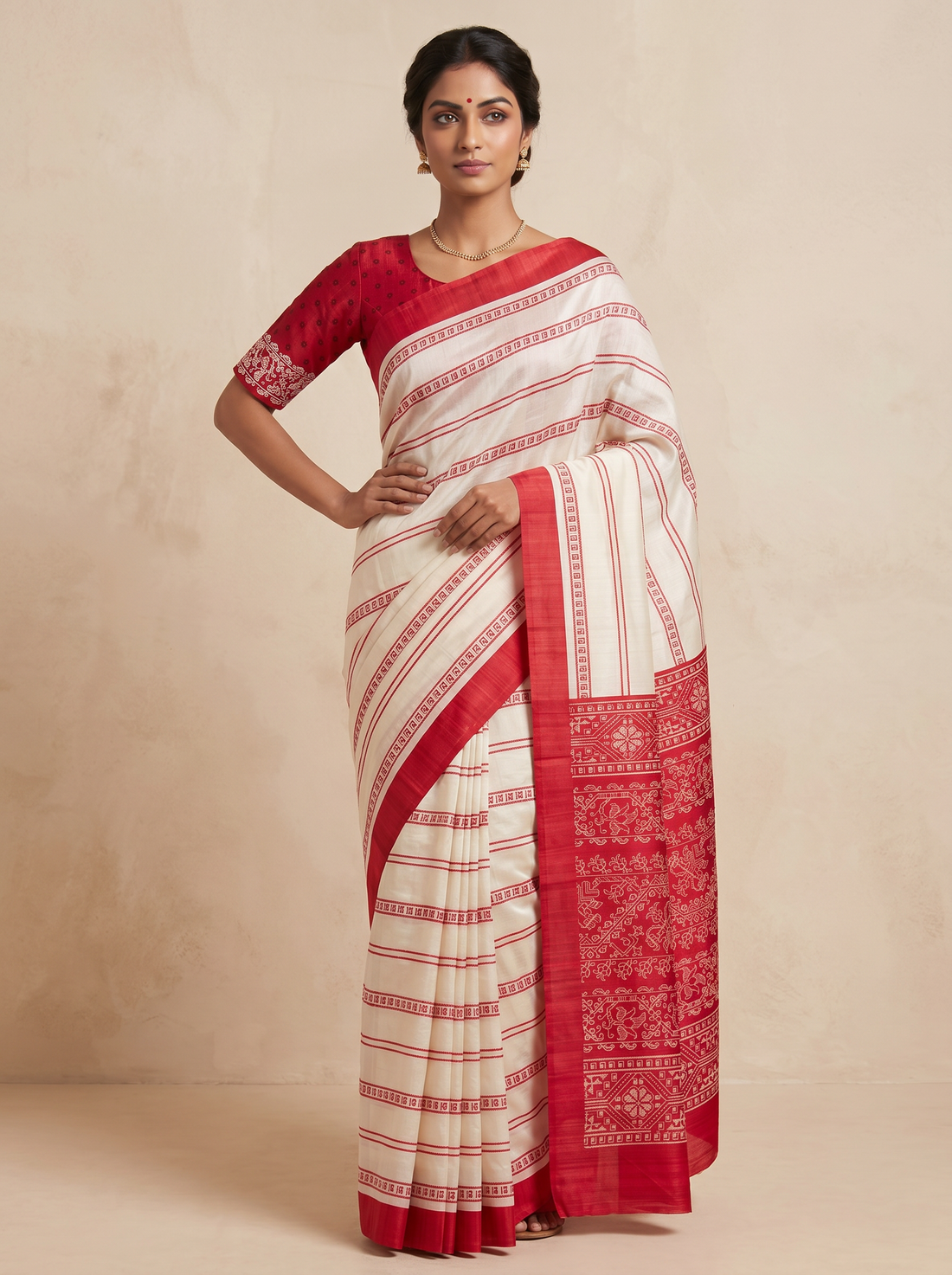 Saantha Signature|Cream Red Cotton Silk Blockprint Saree