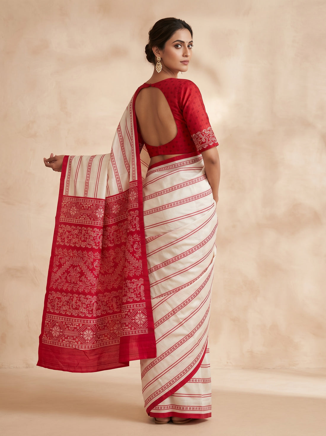 Cream Red Cotton Silk Blockprint Saree