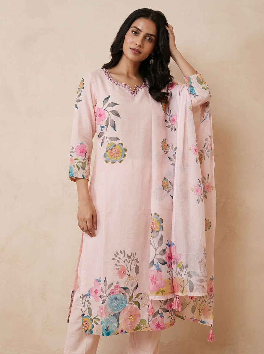 Saantha Signature|Pink Cotton Embroidery Kurta Set