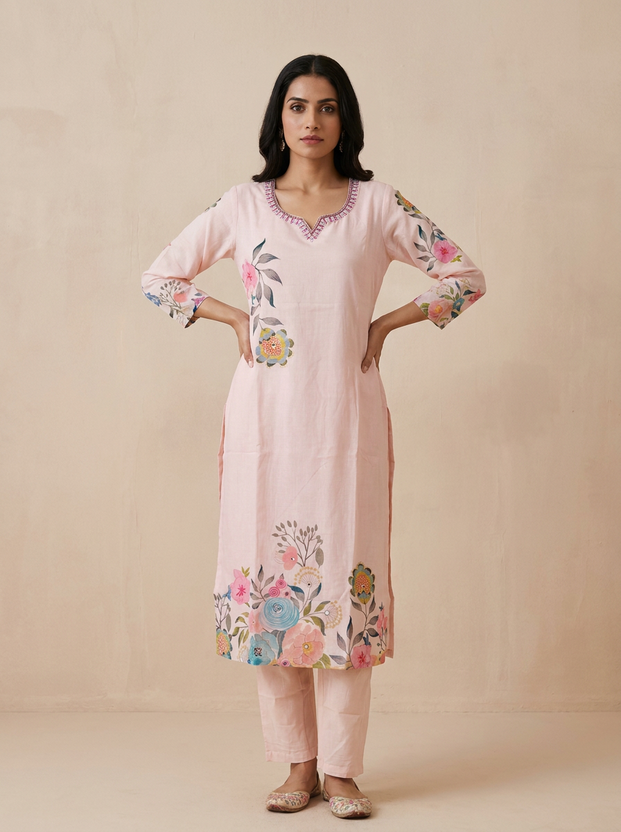 Saantha Signature|Pink Cotton Embroidery Kurta Set