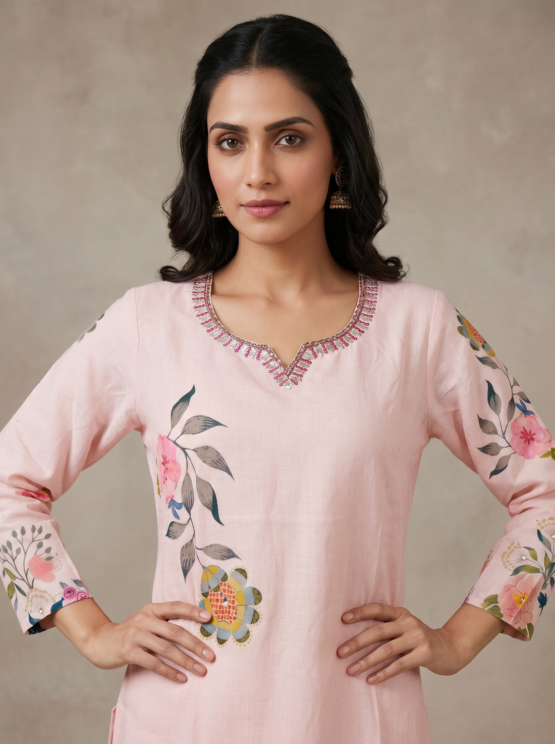 Saantha Signature|Pink Cotton Embroidery Kurta Set