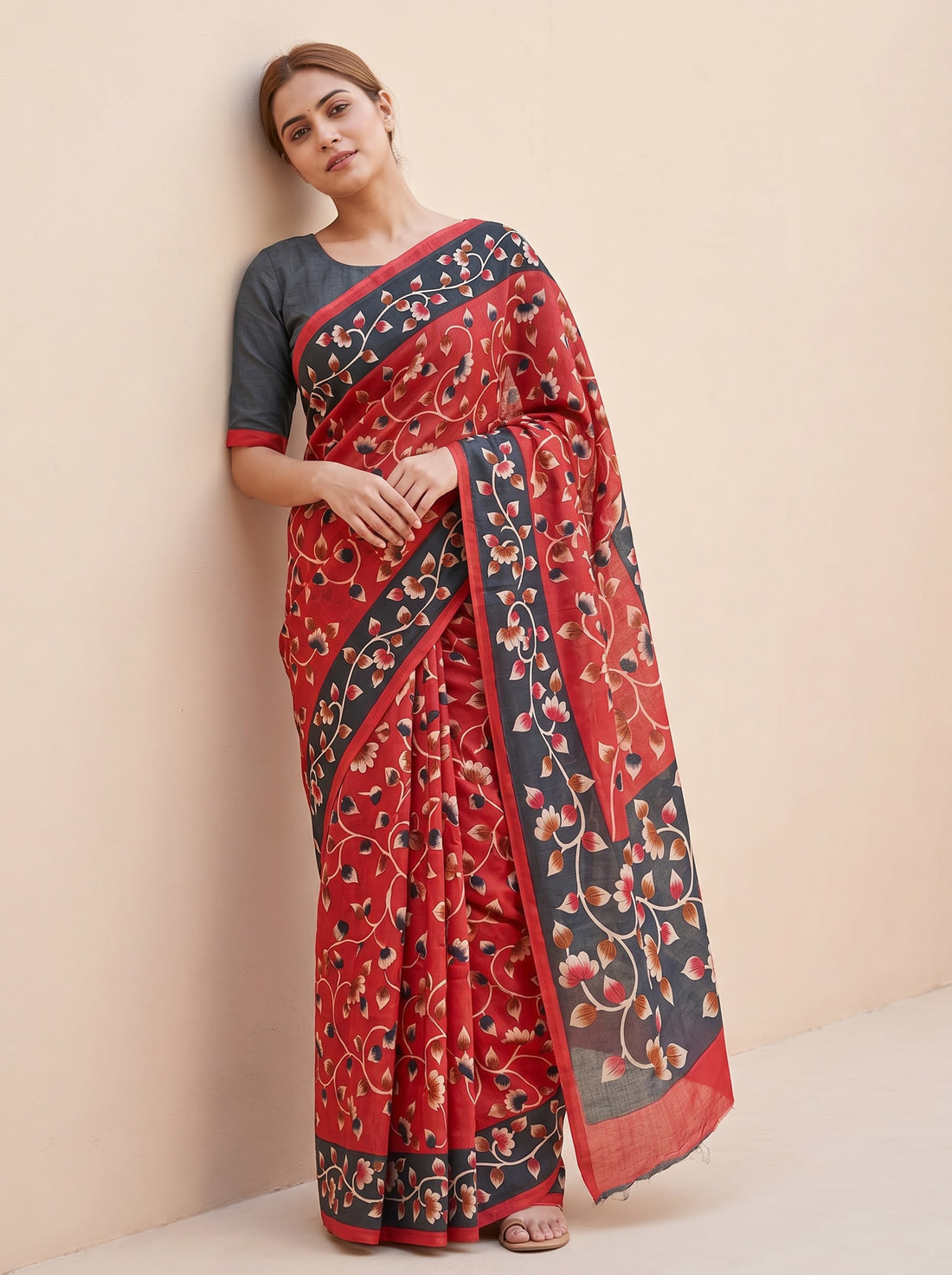 Black Red Tussar Silk Print Saree