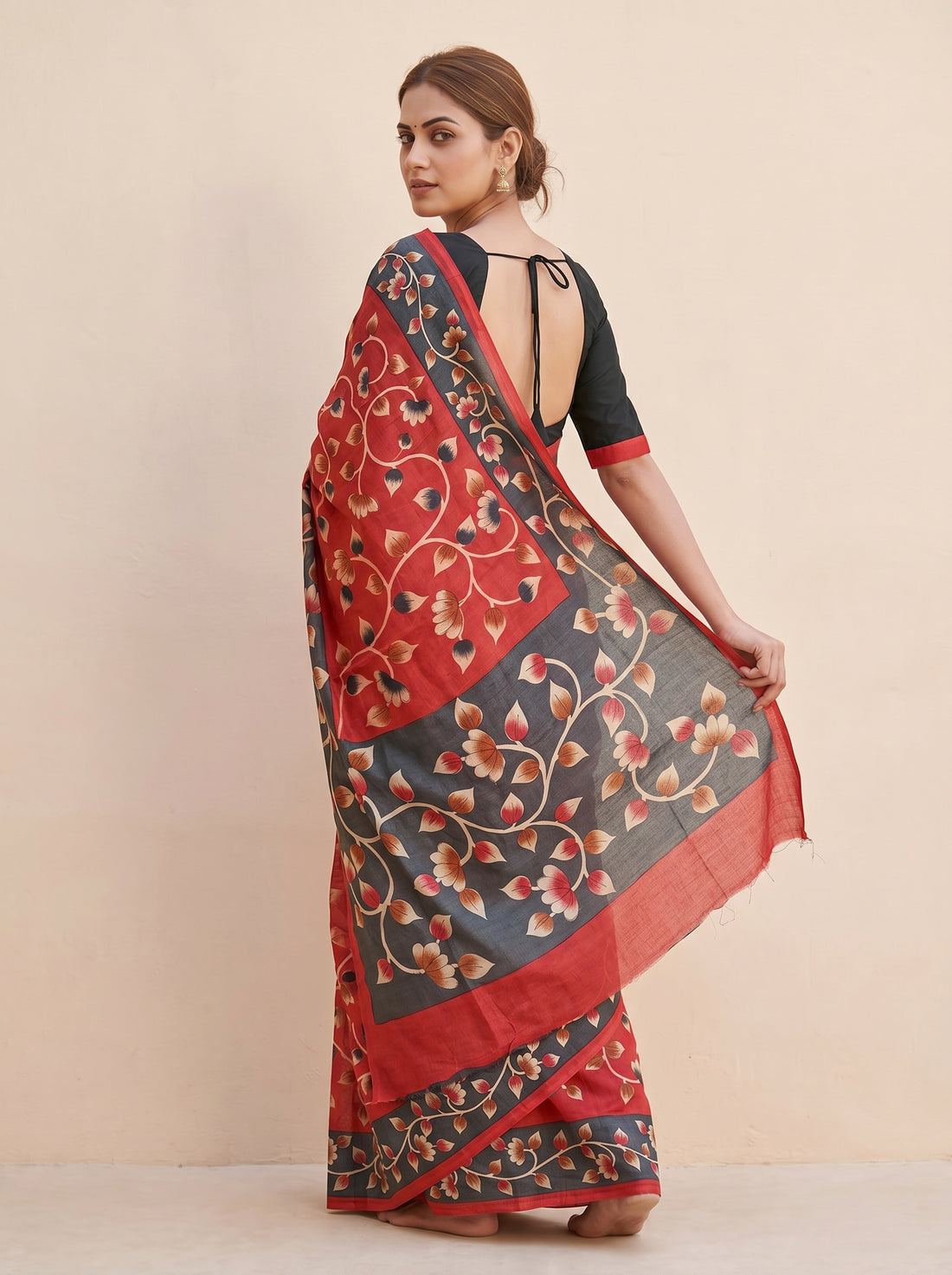 Black Red Tussar Silk Print Saree