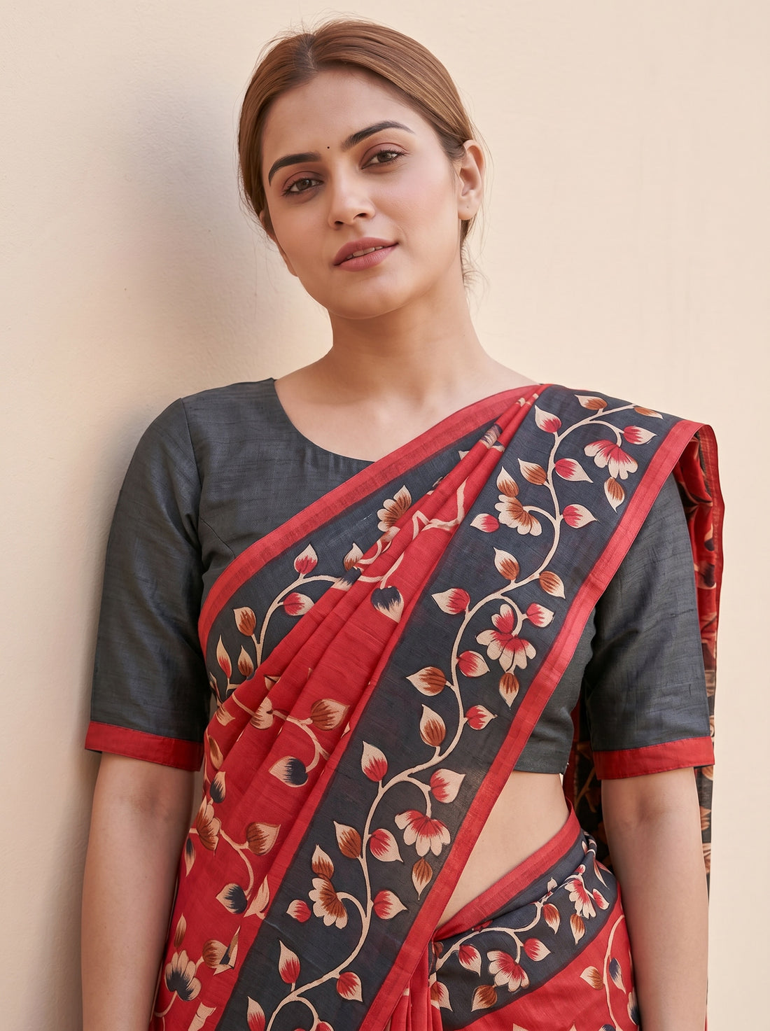 Black Red Tussar Silk Print Saree