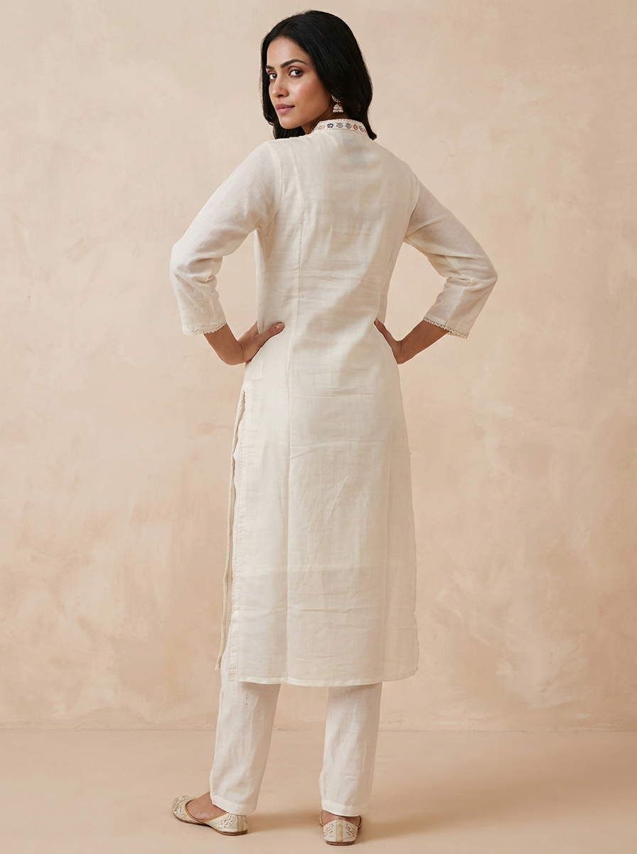 Saantha Signature|Cream Silk Embroidery Kurta Set
