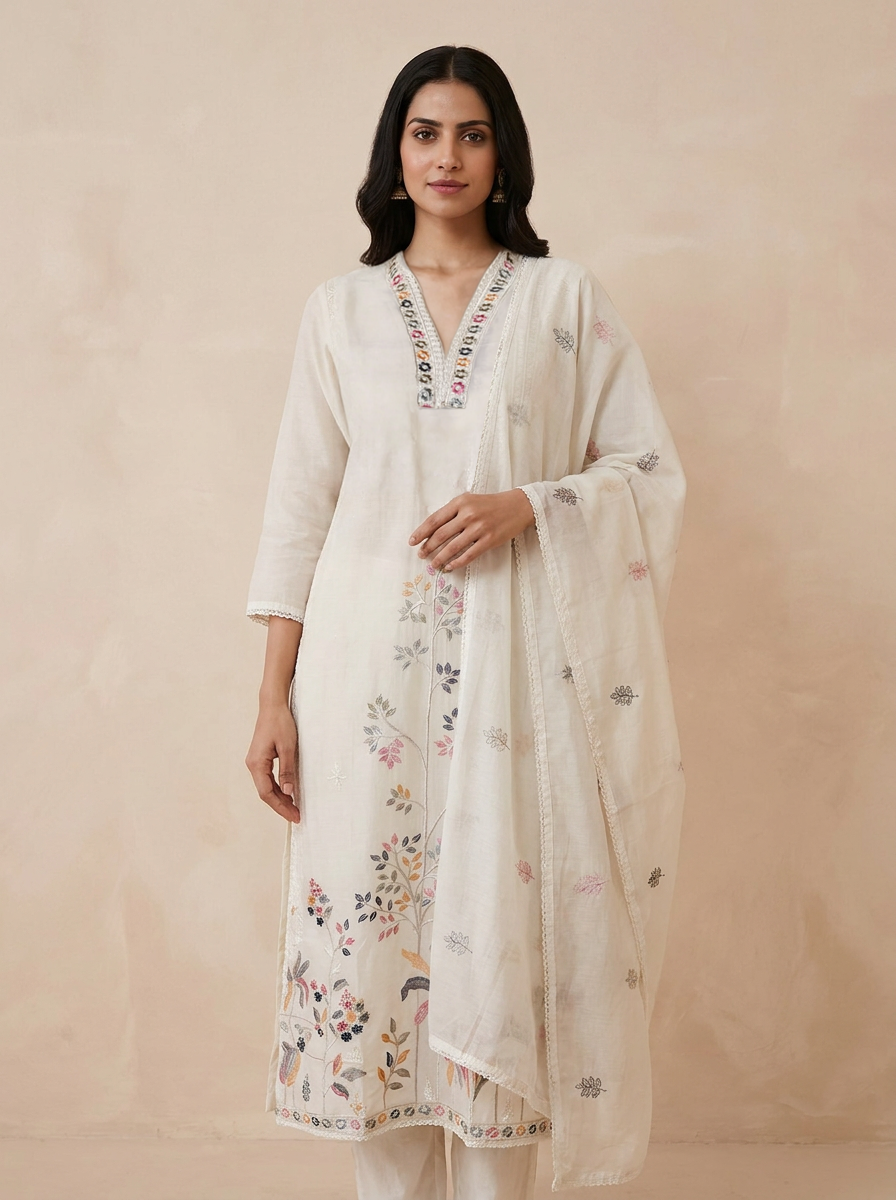 Saantha Signature|Cream Silk Embroidery Kurta Set